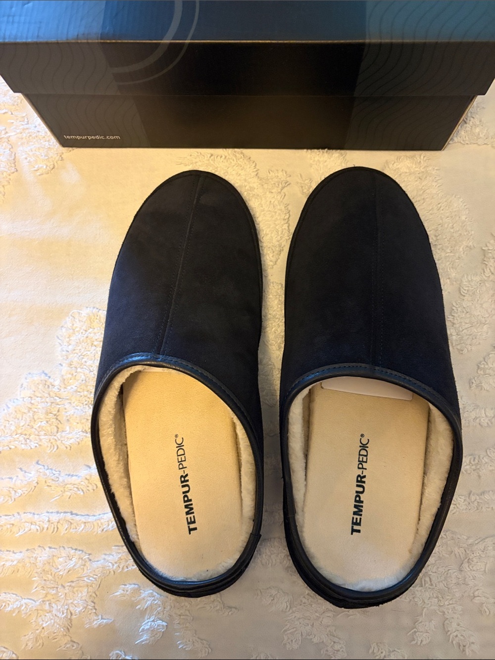 Men's Navy Slip-On Leather Memory Foam Slippers